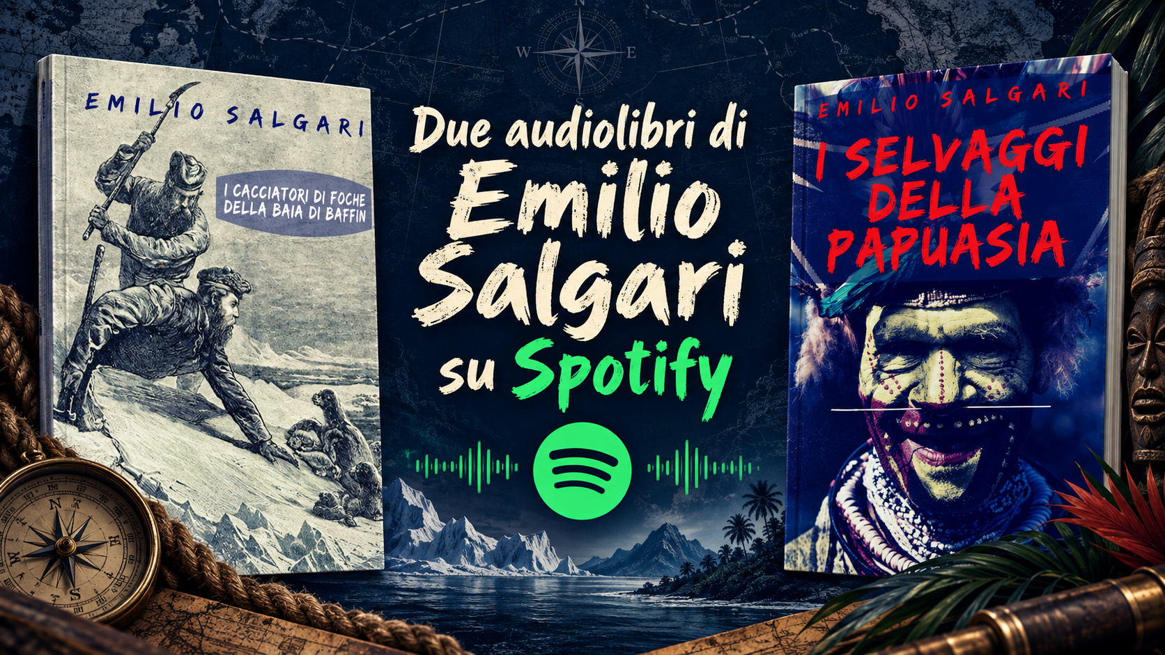 Copertine dei racconti I selvaggi della Papuasia e I cacciatori di foche della baia di Baffin di Emilio Salgari, disponibili in audiolibro su Spotify