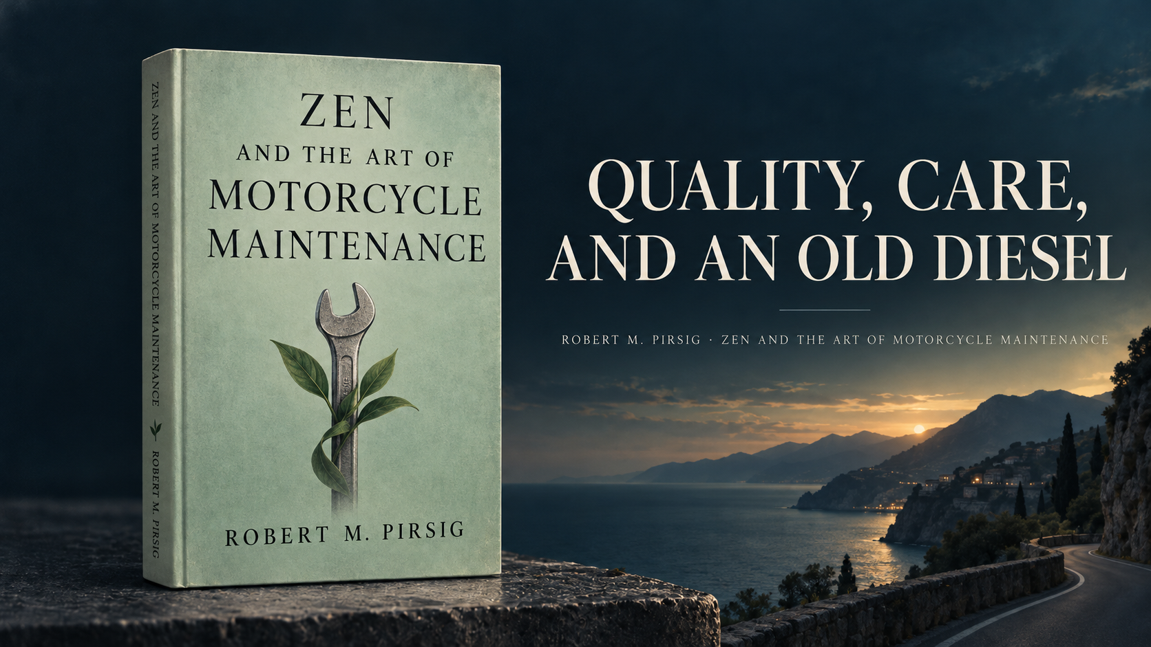 Original 1974 first-edition cover of Zen and the Art of Motorcycle Maintenance by Robert M. Pirsig, with a green plant growing from a wrench